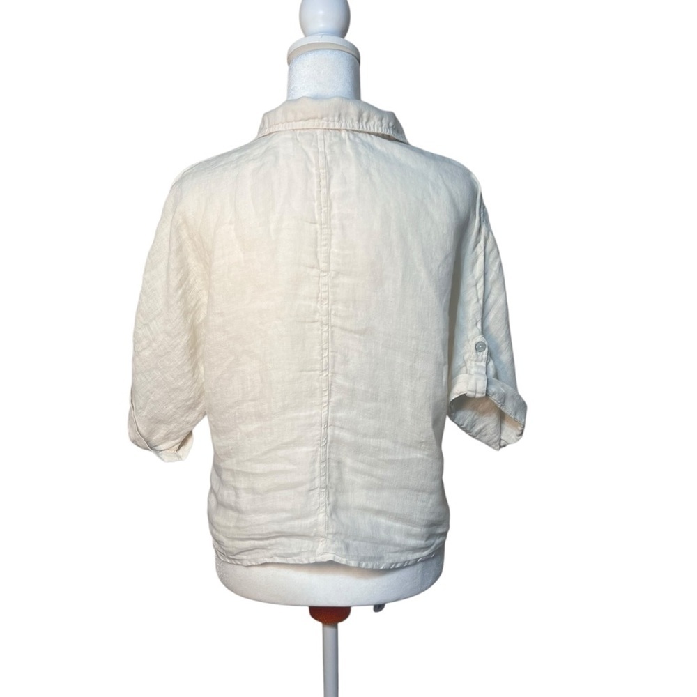 Cloth & Stone Anthropologie 100% Linen White Tie-Front Short Sleeve Crop Blouse - Picture 6 of 9
